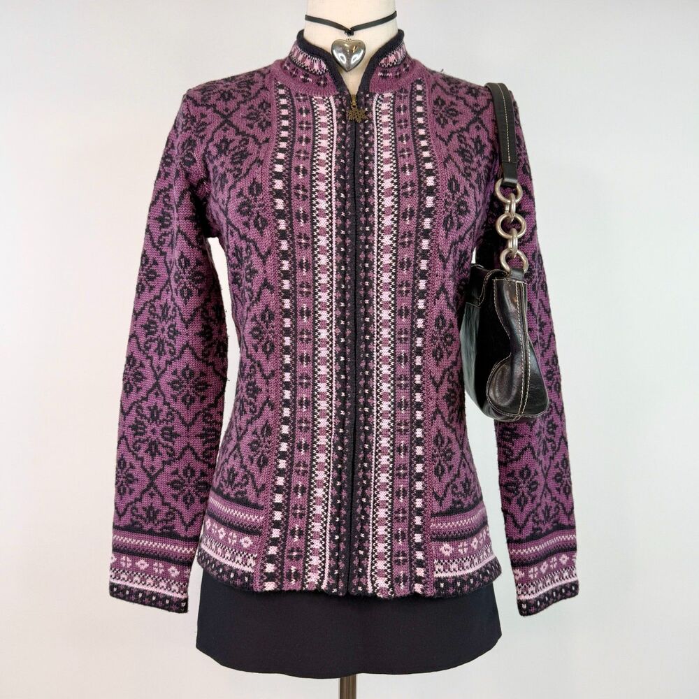 Vintage Retro Y2K Purple Zip Up Knit Nordic Fair Isle Pattern Sweater Cardigan S